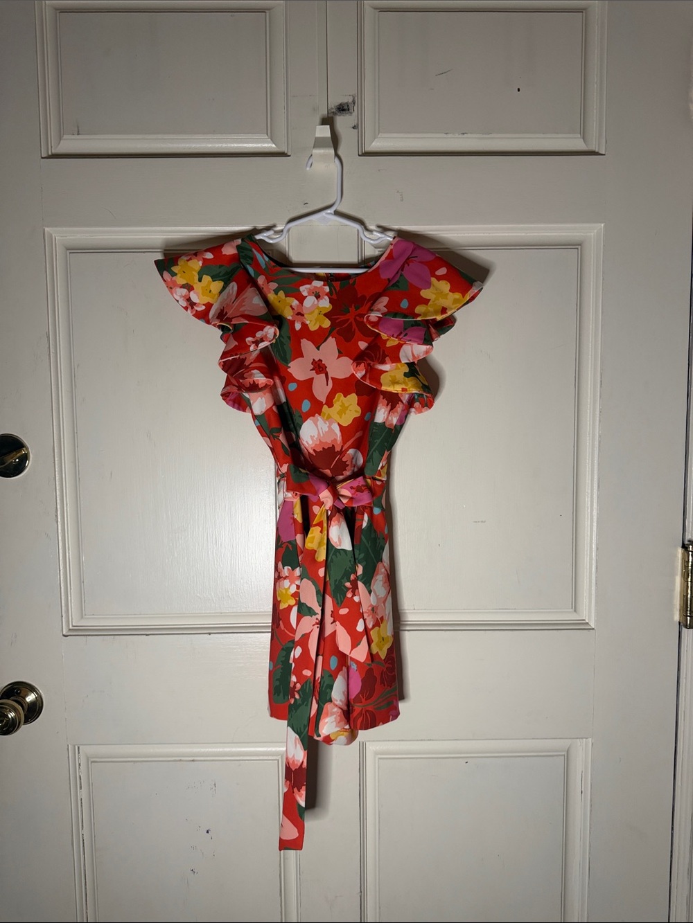 Girls' Red Floral Ruffle Romper with Waist Tie